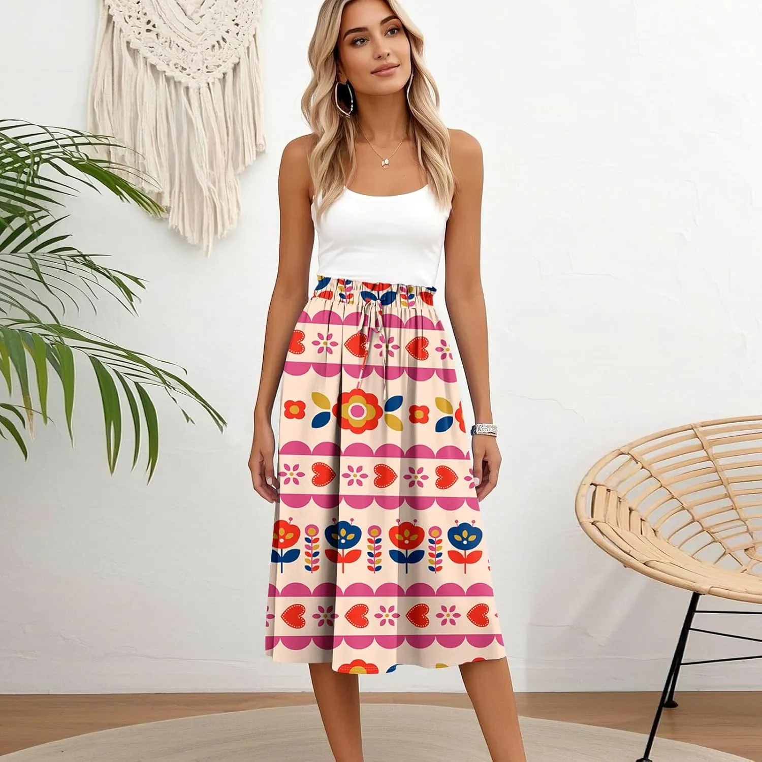 Midi Boho Floral Skirts for Women Trendy Comfy Flowy A Line Skirt Drawstring High Elastic Waist Skorts