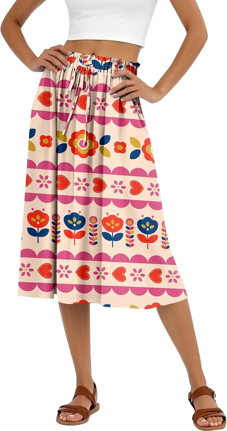 Midi Boho Floral Skirts for Women Trendy Comfy Flowy A Line Skirt Drawstring High Elastic Waist Skorts