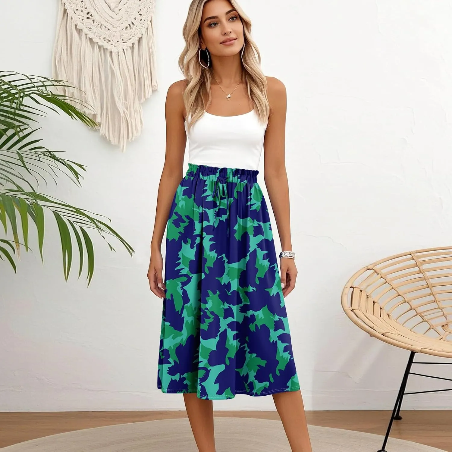 Midi Boho Floral Skirts for Women Trendy Comfy Flowy A Line Skirt Drawstring High Elastic Waist Skorts