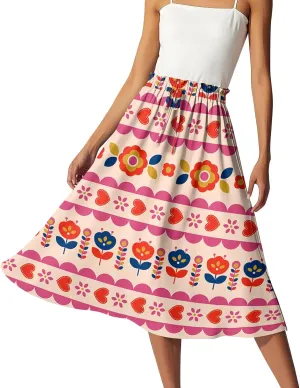 Midi Boho Floral Skirts for Women Trendy Comfy Flowy A Line Skirt Drawstring High Elastic Waist Skorts