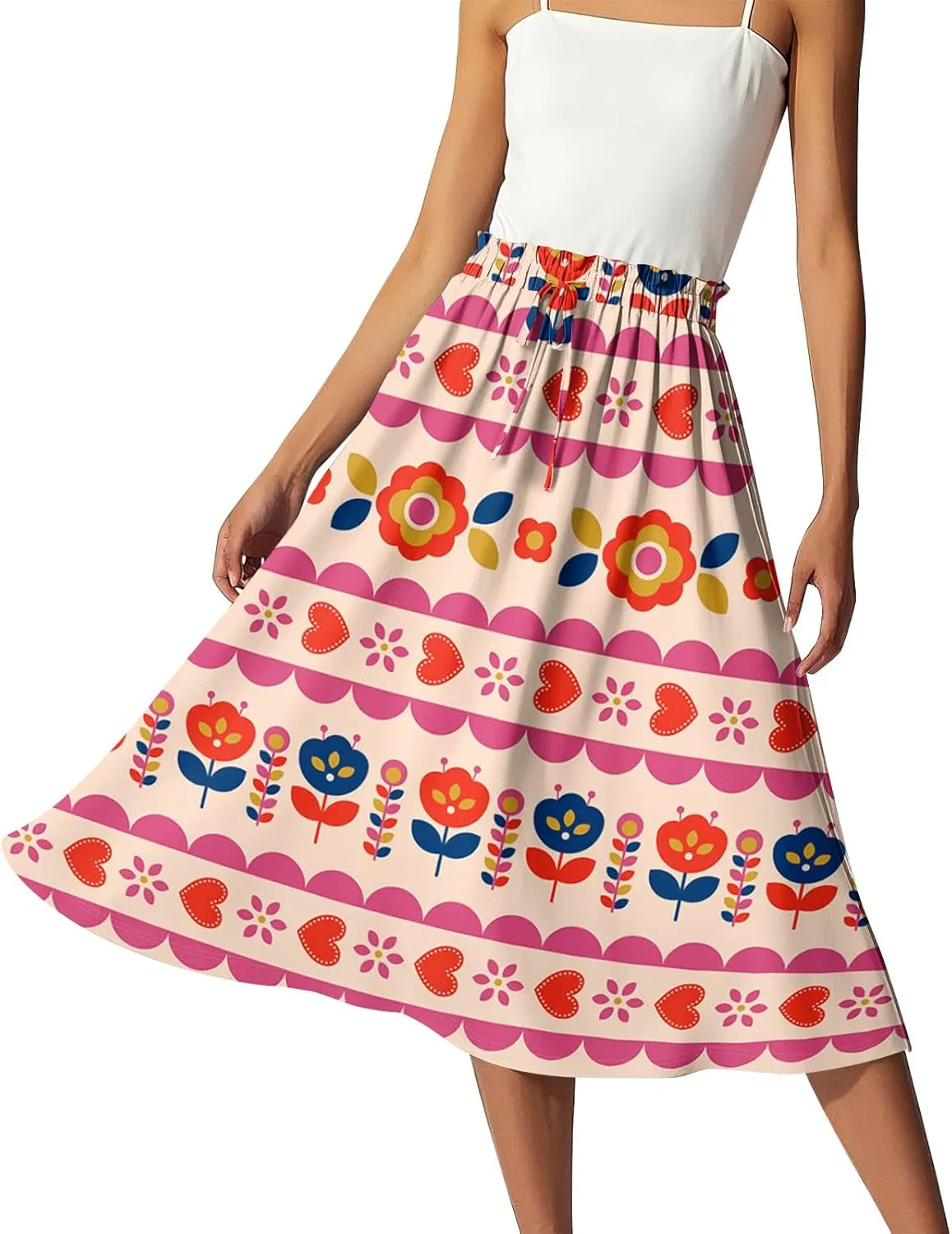 Midi Boho Floral Skirts for Women Trendy Comfy Flowy A Line Skirt Drawstring High Elastic Waist Skorts