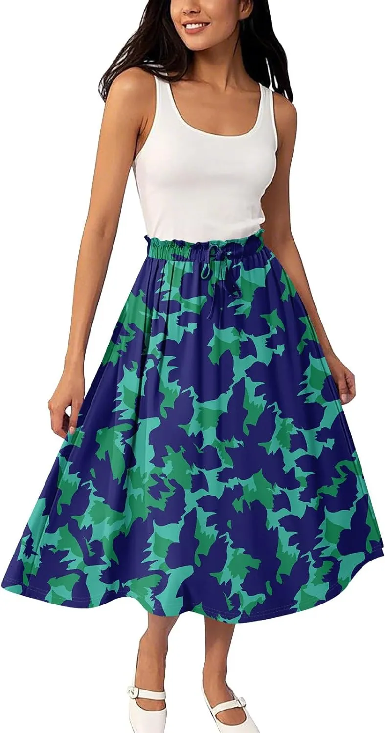 Midi Boho Floral Skirts for Women Trendy Comfy Flowy A Line Skirt Drawstring High Elastic Waist Skorts