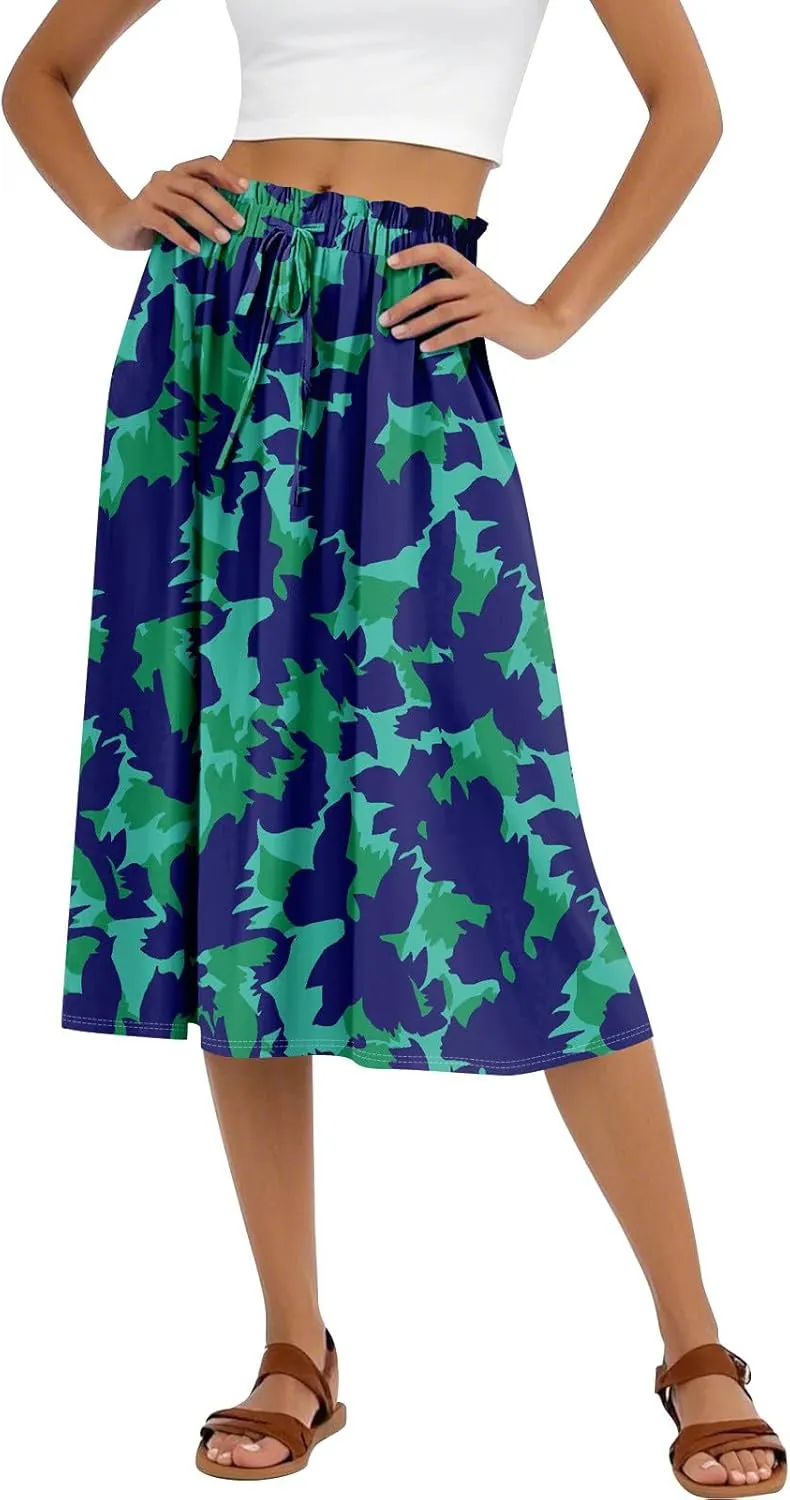 Midi Boho Floral Skirts for Women Trendy Comfy Flowy A Line Skirt Drawstring High Elastic Waist Skorts