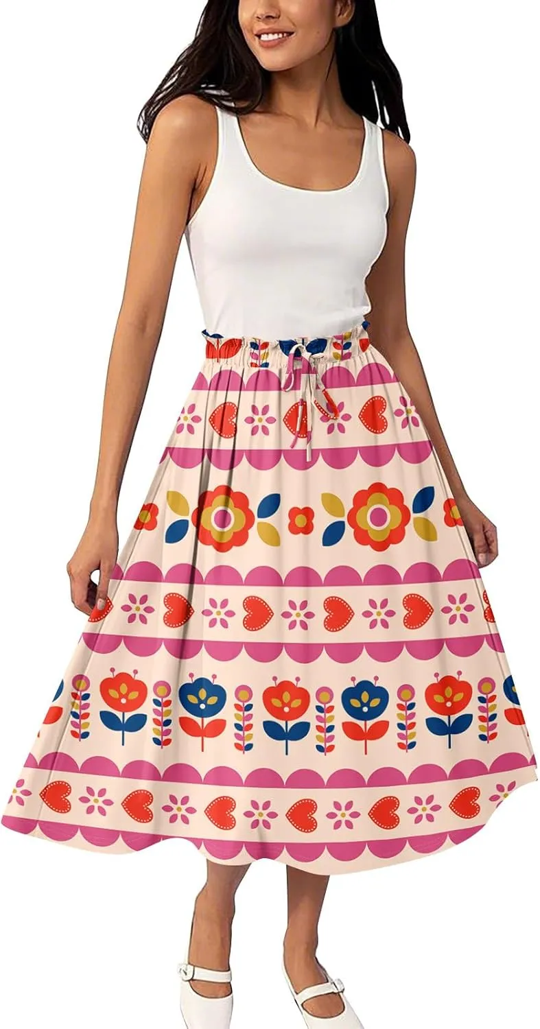 Midi Boho Floral Skirts for Women Trendy Comfy Flowy A Line Skirt Drawstring High Elastic Waist Skorts