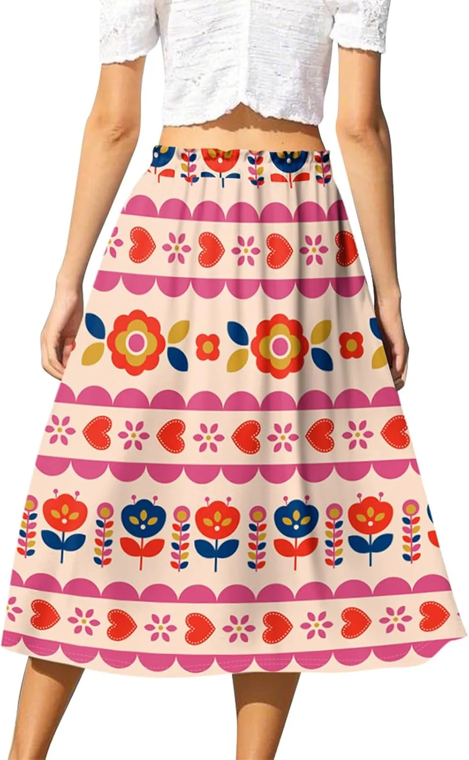 Midi Boho Floral Skirts for Women Trendy Comfy Flowy A Line Skirt Drawstring High Elastic Waist Skorts