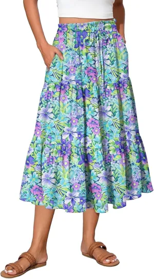 Midi Boho Floral Skirts for Women Trendy Tiered A Line Skirt Drawstring High Elastic Waist Comfy Flowy Skorts with Pockets