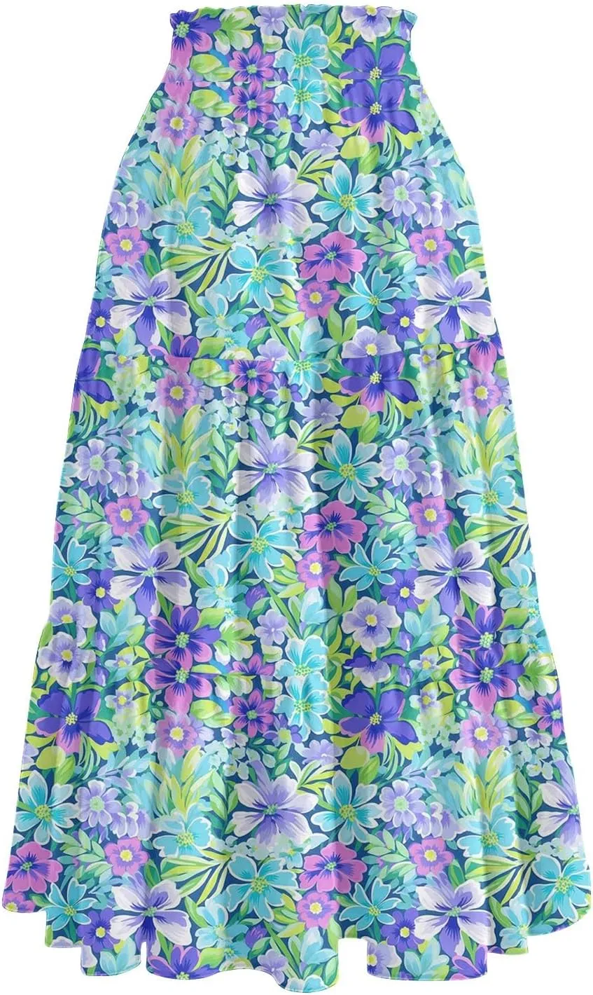 Midi Boho Floral Skirts for Women Trendy Tiered A Line Skirt Drawstring High Elastic Waist Comfy Flowy Skorts with Pockets