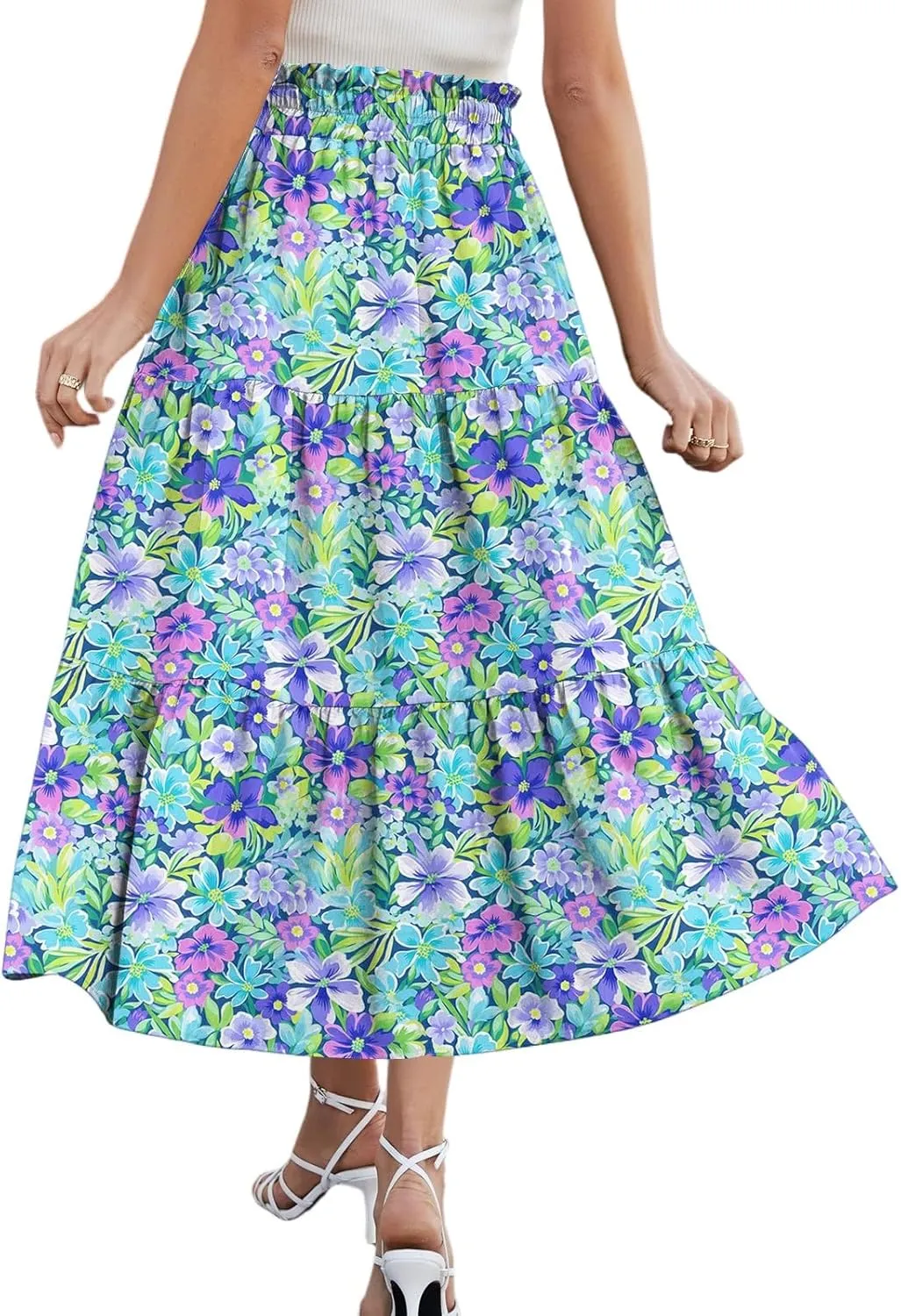 Midi Boho Floral Skirts for Women Trendy Tiered A Line Skirt Drawstring High Elastic Waist Comfy Flowy Skorts with Pockets