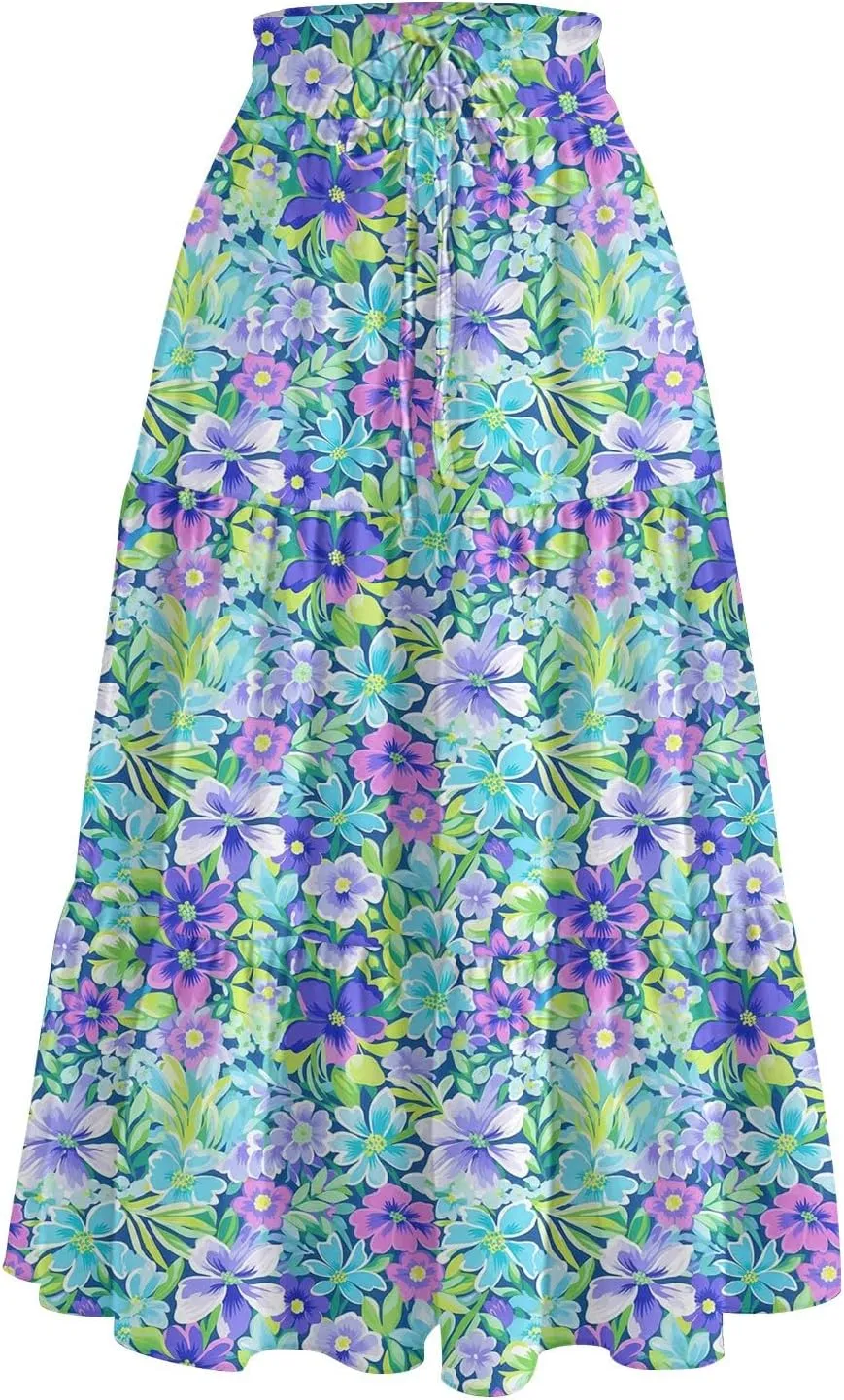 Midi Boho Floral Skirts for Women Trendy Tiered A Line Skirt Drawstring High Elastic Waist Comfy Flowy Skorts with Pockets