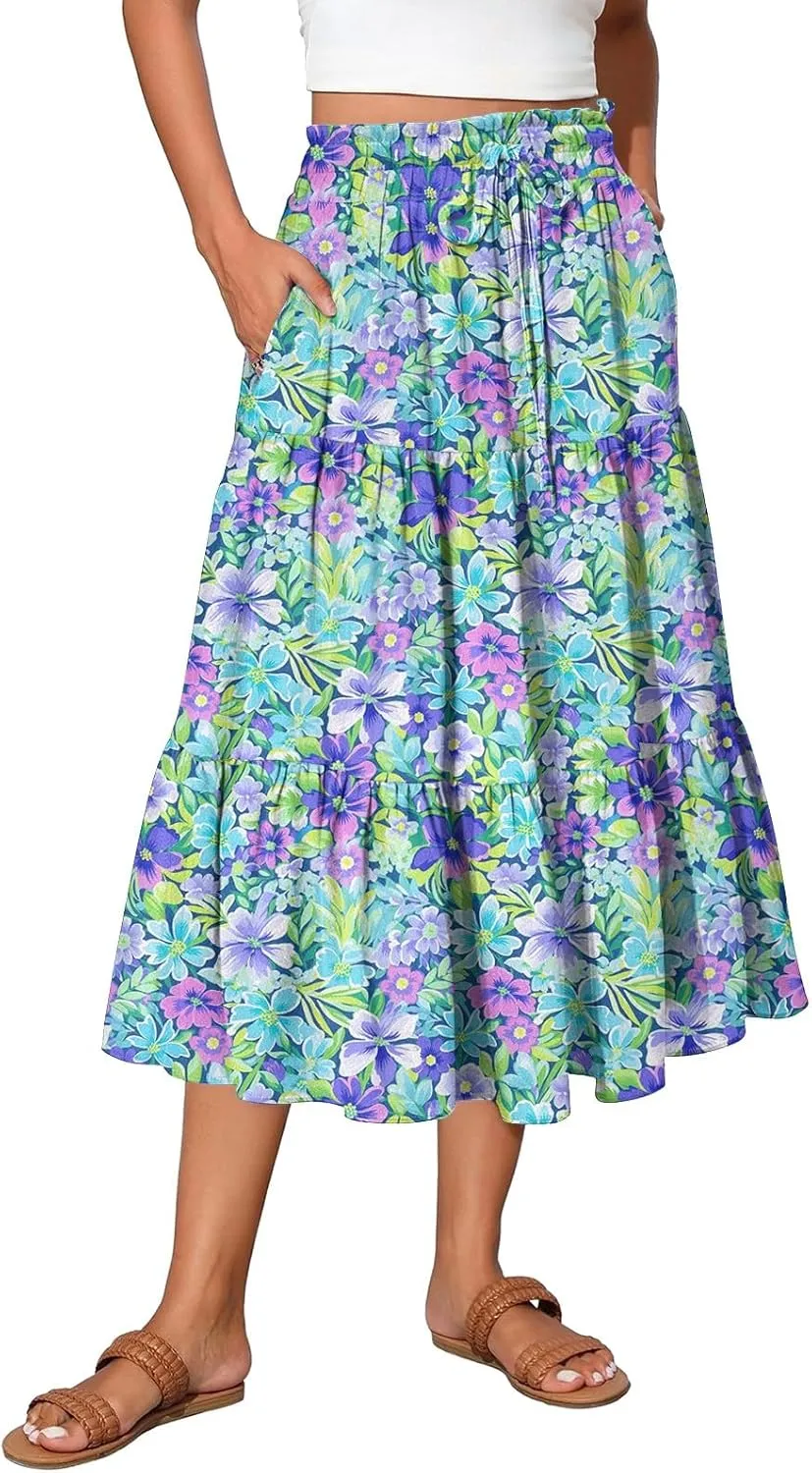 Midi Boho Floral Skirts for Women Trendy Tiered A Line Skirt Drawstring High Elastic Waist Comfy Flowy Skorts with Pockets