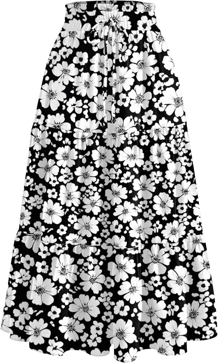 Midi Boho Floral Skirts for Women Trendy Tiered Drawstring High Elastic Waist A Line Skirt Comfy Flowy Skorts with Pockets