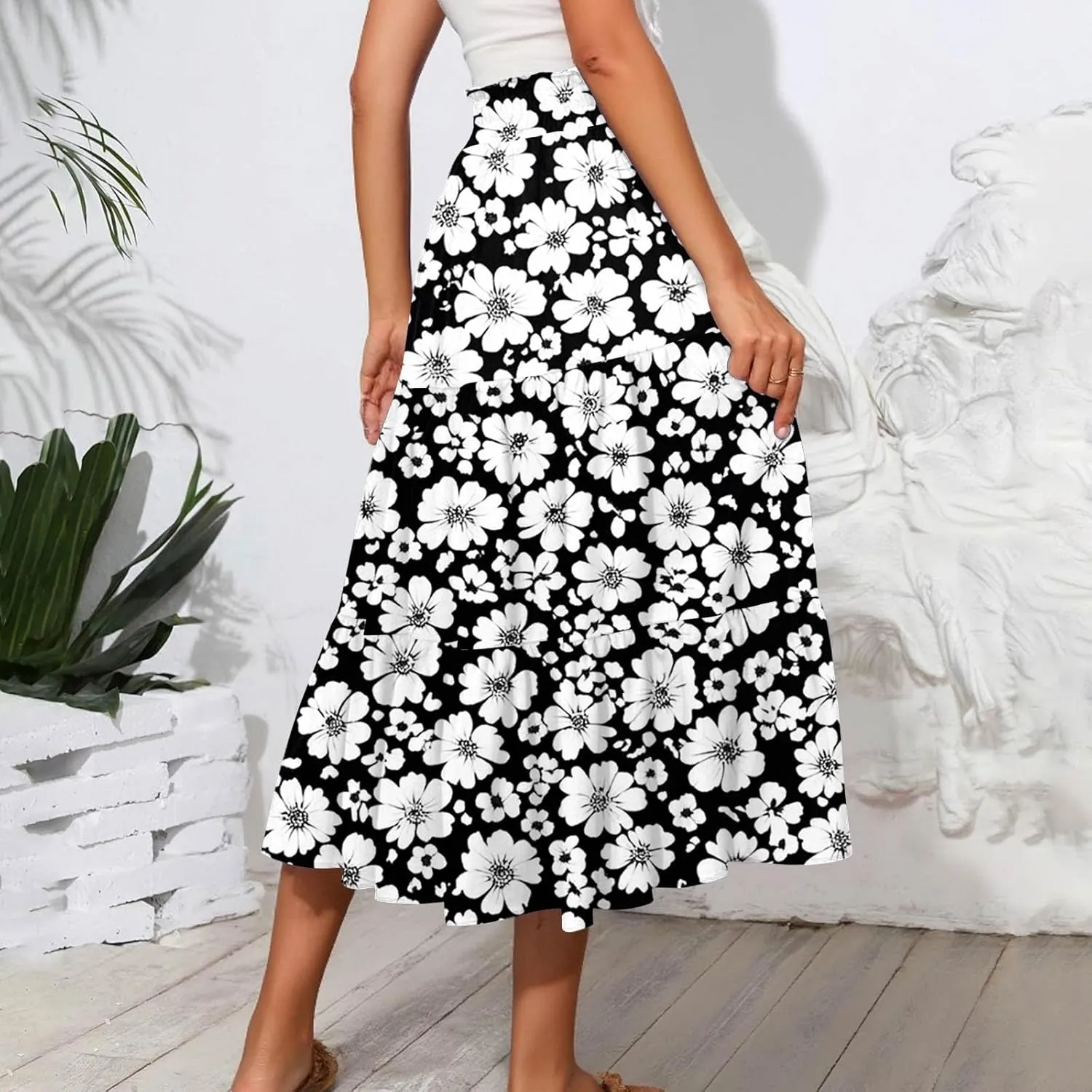 Midi Boho Floral Skirts for Women Trendy Tiered Drawstring High Elastic Waist A Line Skirt Comfy Flowy Skorts with Pockets
