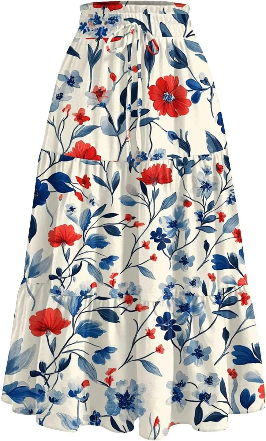 Midi Boho Floral Skirts for Women Trendy Tiered Drawstring High Elastic Waist A Line Skirt Comfy Flowy Skorts with Pockets