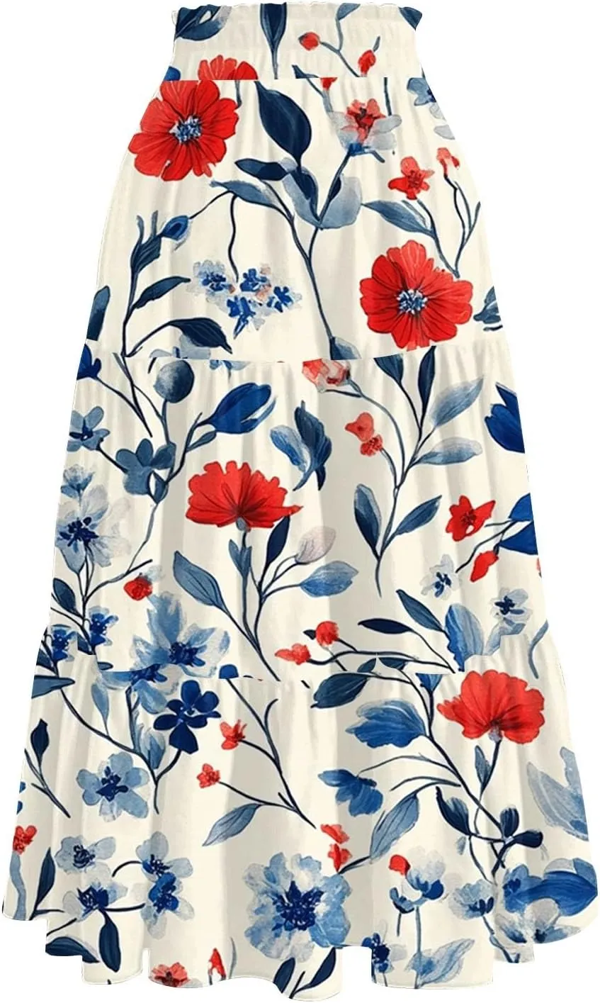 Midi Boho Floral Skirts for Women Trendy Tiered Drawstring High Elastic Waist A Line Skirt Comfy Flowy Skorts with Pockets