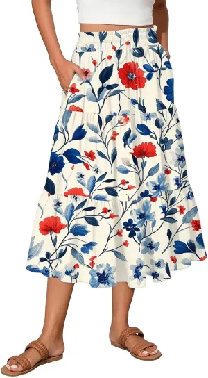 Midi Boho Floral Skirts for Women Trendy Tiered Drawstring High Elastic Waist A Line Skirt Comfy Flowy Skorts with Pockets