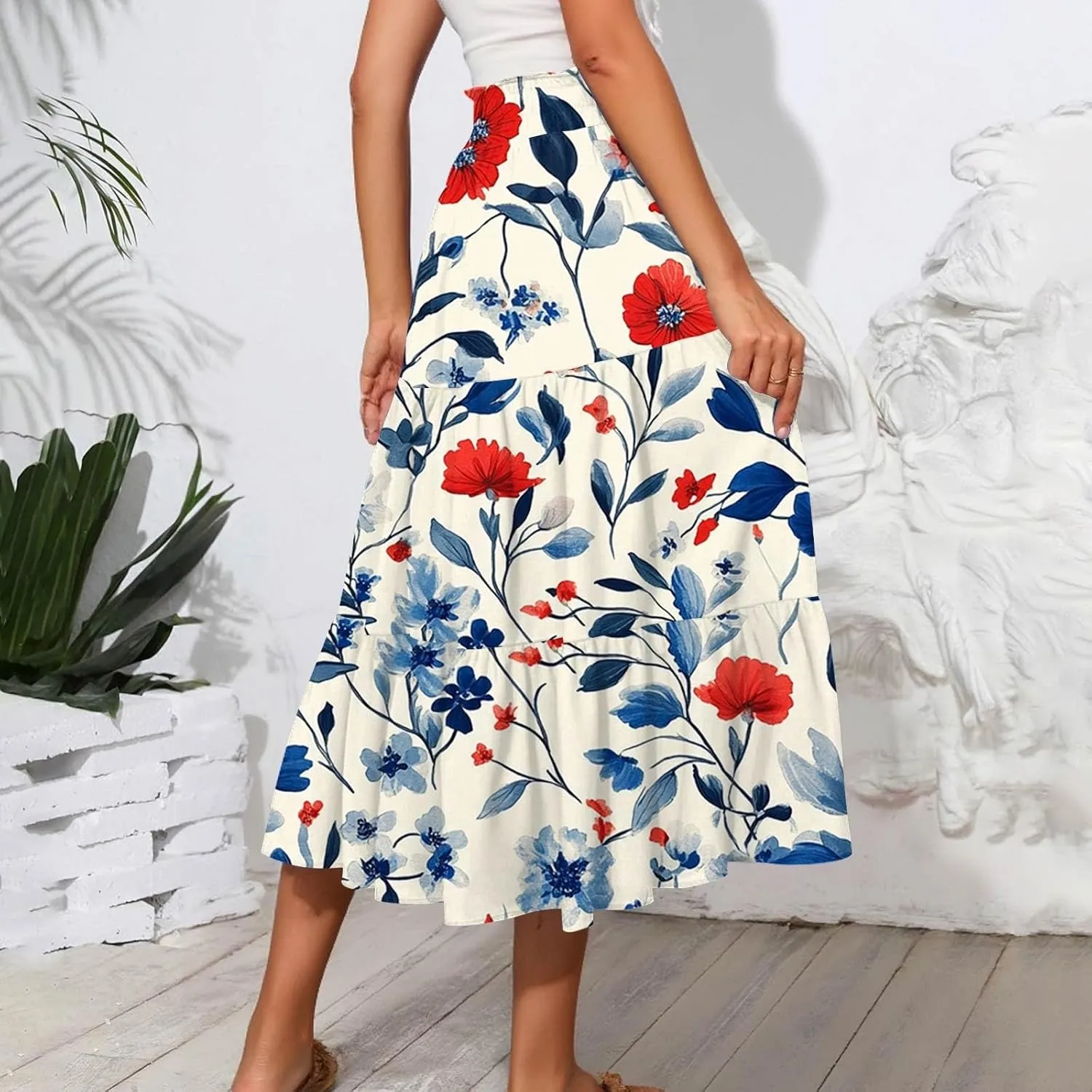Midi Boho Floral Skirts for Women Trendy Tiered Drawstring High Elastic Waist A Line Skirt Comfy Flowy Skorts with Pockets