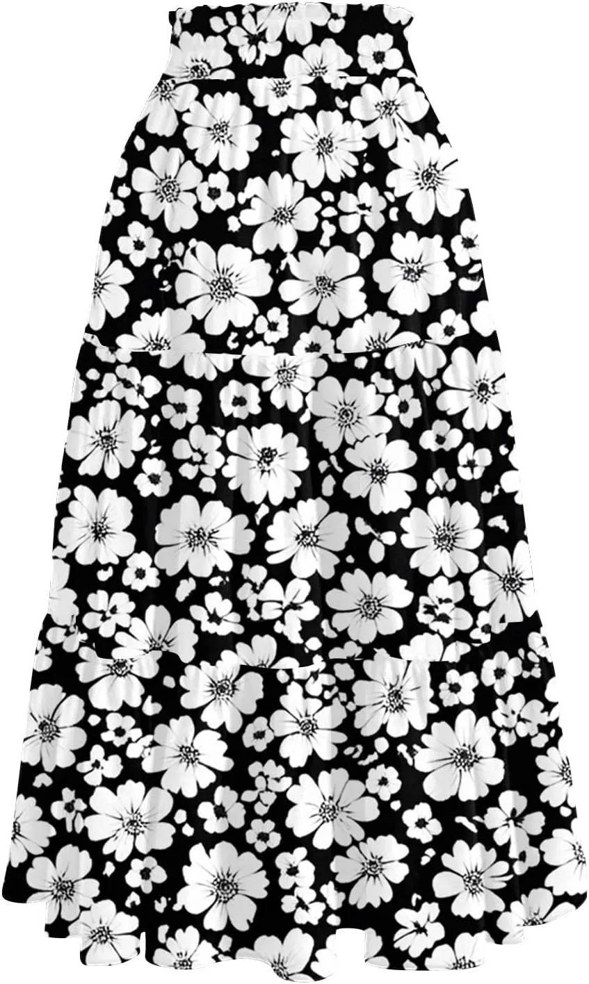 Midi Boho Floral Skirts for Women Trendy Tiered Drawstring High Elastic Waist A Line Skirt Comfy Flowy Skorts with Pockets