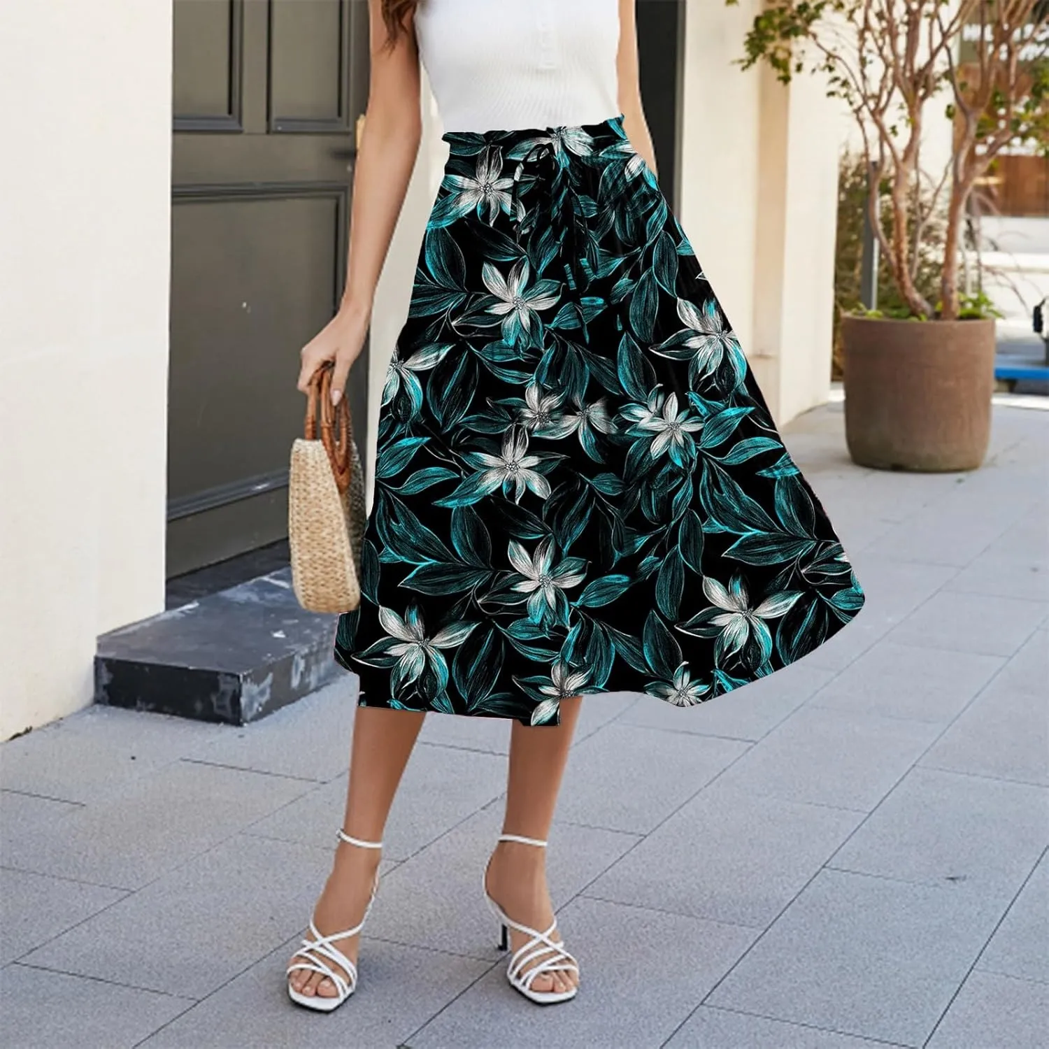 Midi Skirts for Women-2025 Summer Elegant Pleated Floral Skirts Elastic Waisted Tie Front Plus Size Ruffle Skirt