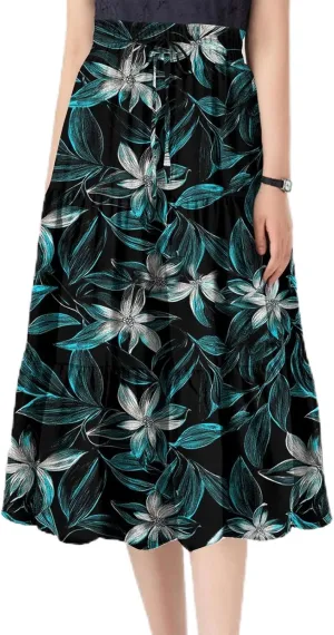 Midi Skirts for Women-2025 Summer Elegant Pleated Floral Skirts Elastic Waisted Tie Front Plus Size Ruffle Skirt