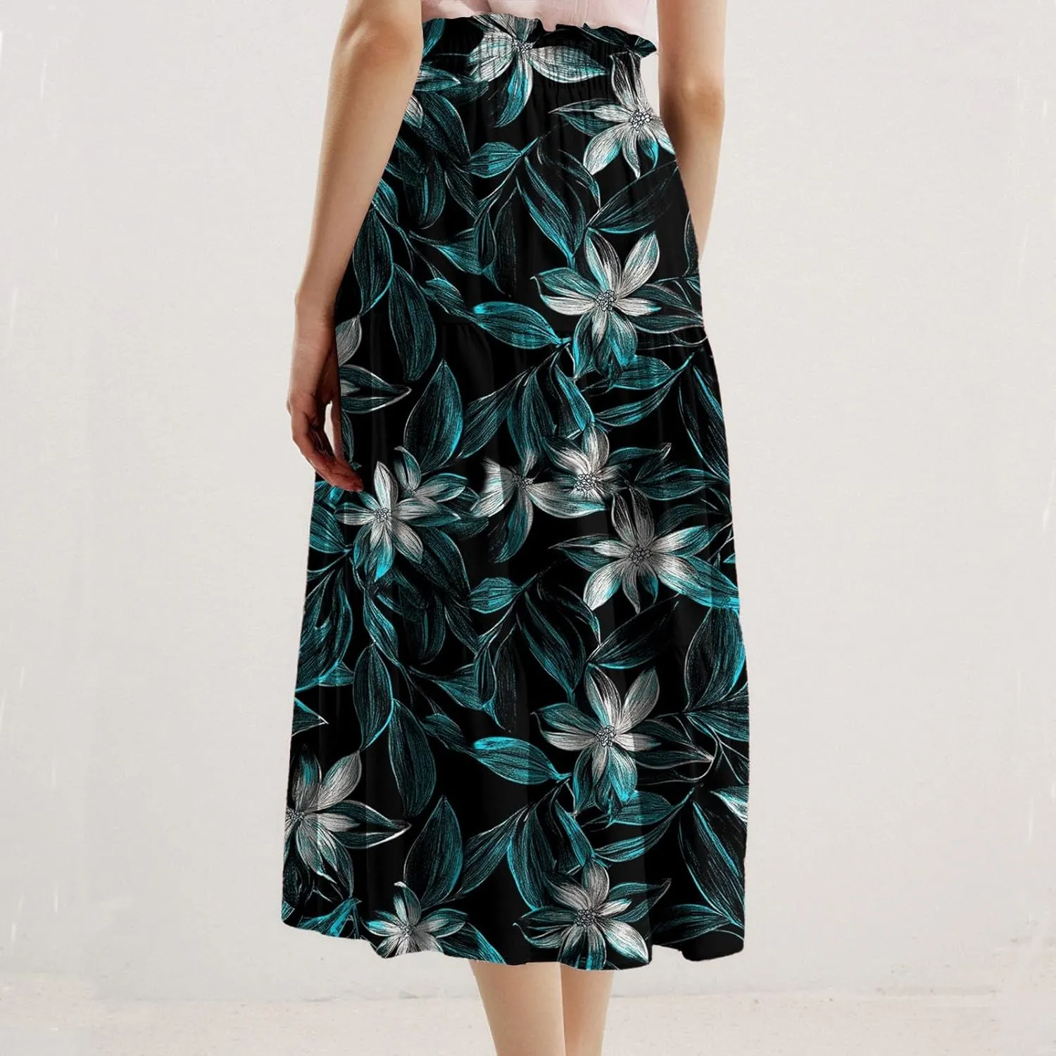 Midi Skirts for Women-2025 Summer Elegant Pleated Floral Skirts Elastic Waisted Tie Front Plus Size Ruffle Skirt