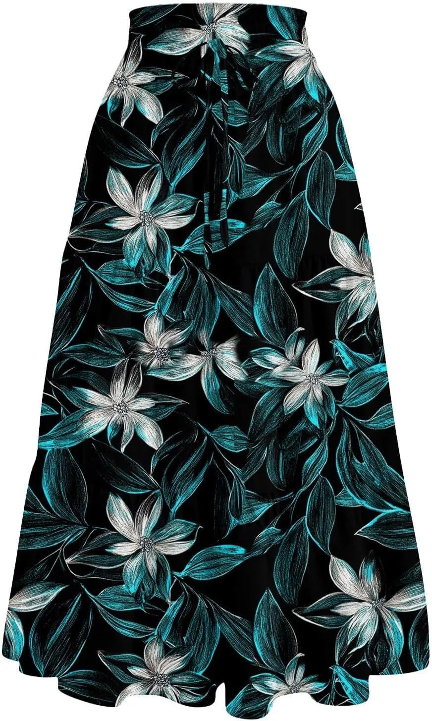 Midi Skirts for Women-2025 Summer Elegant Pleated Floral Skirts Elastic Waisted Tie Front Plus Size Ruffle Skirt