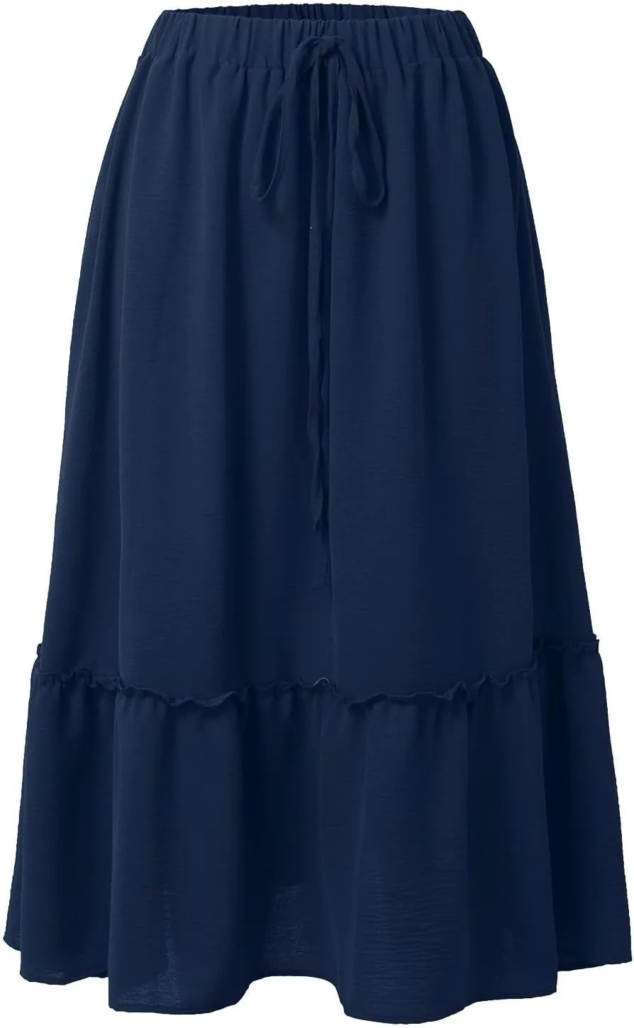 Midi Skirts for Women Casual Summer Boho Flowy Swing Ruffle Tiered A-Line Elastic Tie Waist Pleated Long Skirt Dress