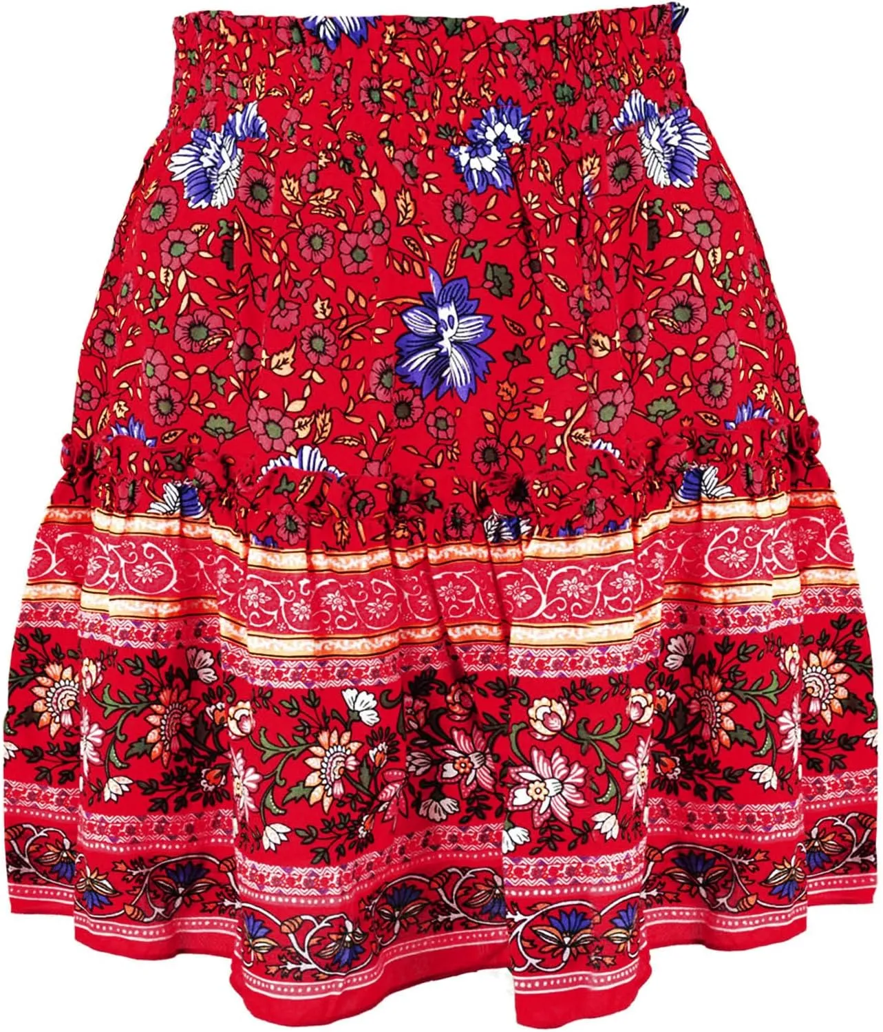 Mini Skirt Women Boho Floral Printed Skirts Vintage Drawstring High Waist Pleated A Line High Waist Mini Flowy