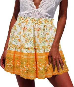 Mini Skirt Women Boho Floral Printed Skirts Vintage Drawstring High Waist Pleated A Line High Waist Mini Flowy