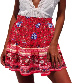 Mini Skirt Women Boho Floral Printed Skirts Vintage Drawstring High Waist Pleated A Line High Waist Mini Flowy