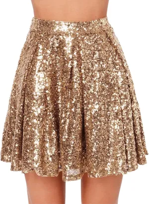 Mini Skirt Women's Fashion High Waist Pleated Solid Color Short Skirt Loose Sequin Skirt Flowy Sexy Mini Skirt