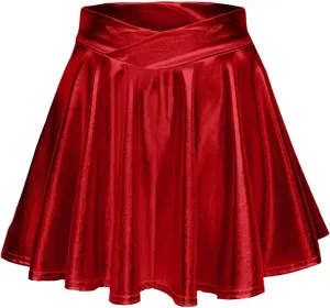 Mini Skirt Women's Fashion High Waist Pleated Solid Color Short Skirt Loose Skirt Metallic Skater Skirt Women