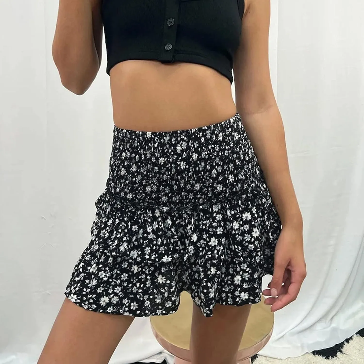 Mini Skirts Womens Sexy Skirt Pleated Skirt Ruffle Printed Skirt Fashion Printed Pleated Lace Skirt Black Skirts