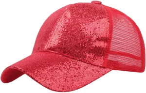 niuwa Women Sequin Baseball Cap Glitter Mesh Trucker Cap Adjustable Sparkle Bling Hat for Running Skateboard Hip Hop Hats Red