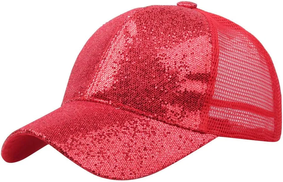 niuwa Women Sequin Baseball Cap Glitter Mesh Trucker Cap Adjustable Sparkle Bling Hat for Running Skateboard Hip Hop Hats Red