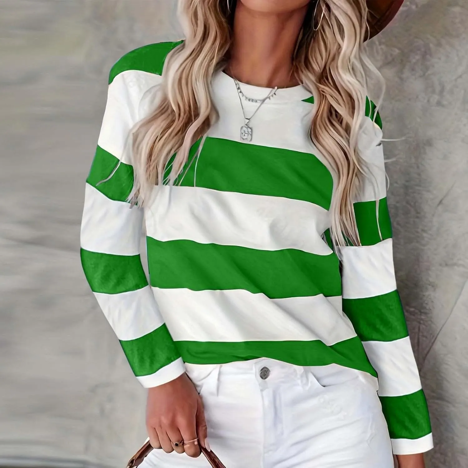 Orange Striped Long Sleeve Shirt Women 2024 Fall Crew Neck Striped T Shirts Color Block Comfy Loose Oversized Tops