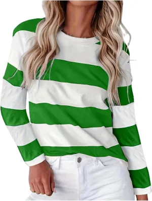 Orange Striped Long Sleeve Shirt Women 2024 Fall Crew Neck Striped T Shirts Color Block Comfy Loose Oversized Tops