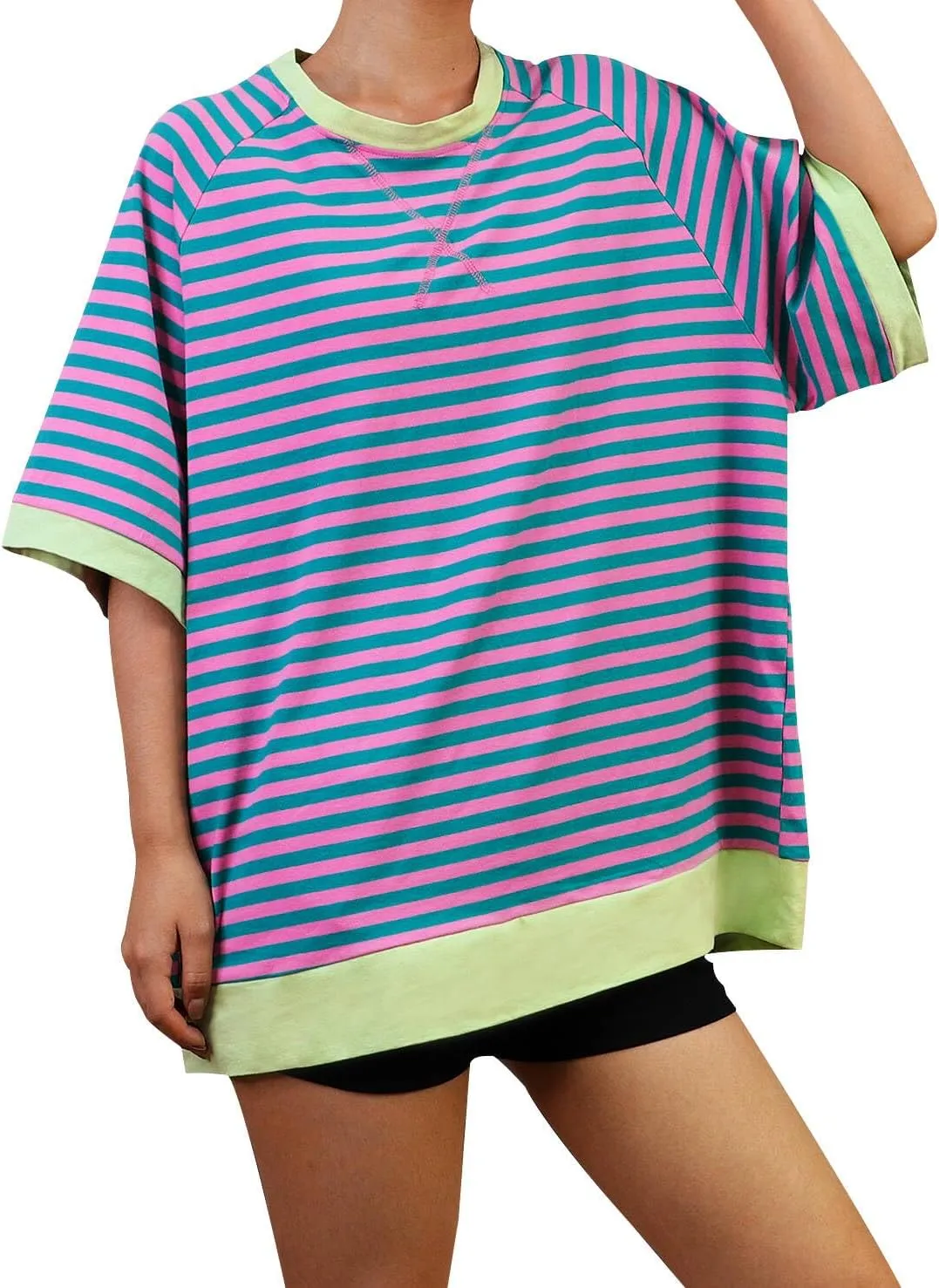 Oversized T-Shirts Striped Crewneck Short Sleeve Casual Tops Loose Blouses Tops for Women Trendy