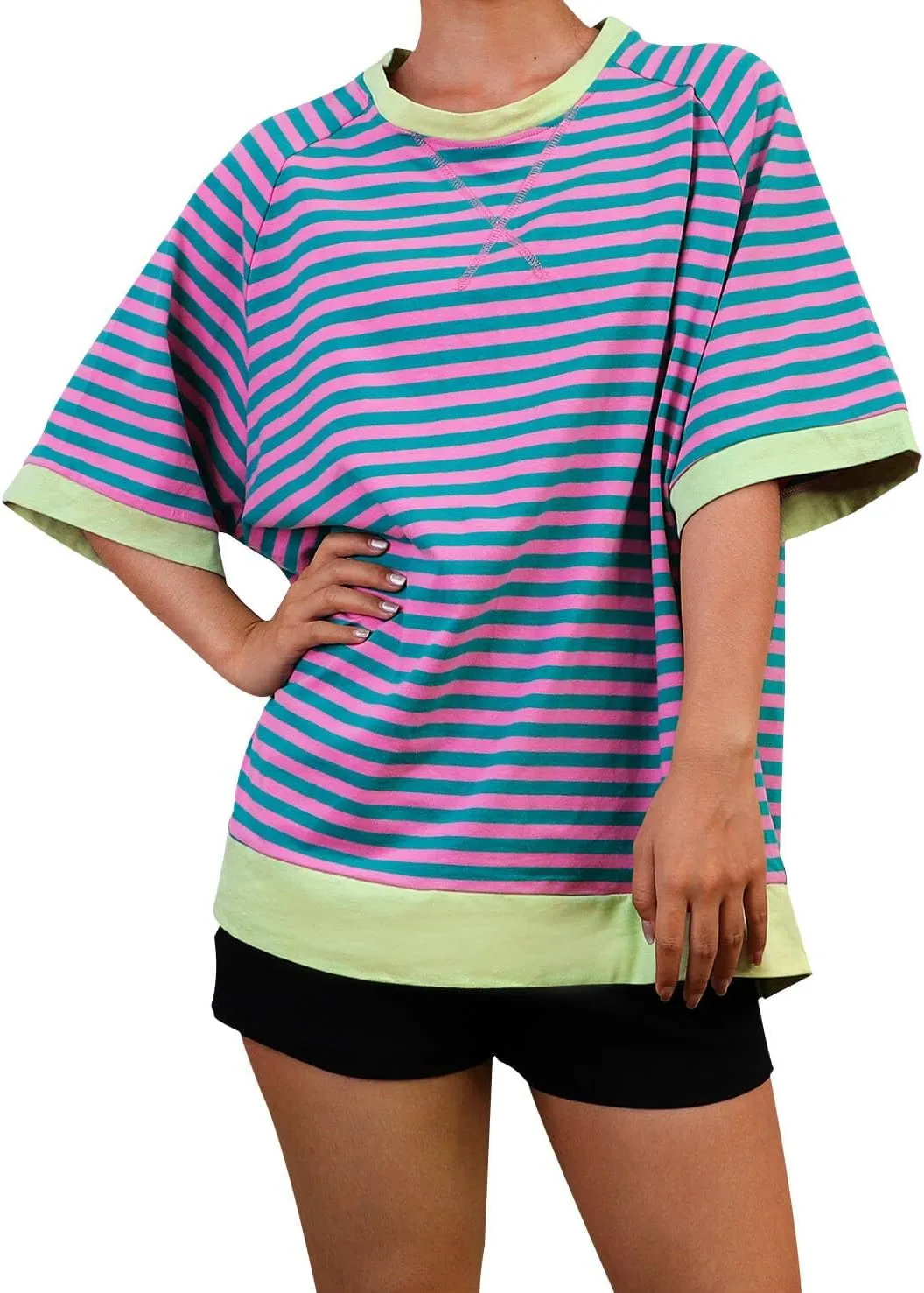 Oversized T-Shirts Striped Crewneck Short Sleeve Casual Tops Loose Blouses Tops for Women Trendy