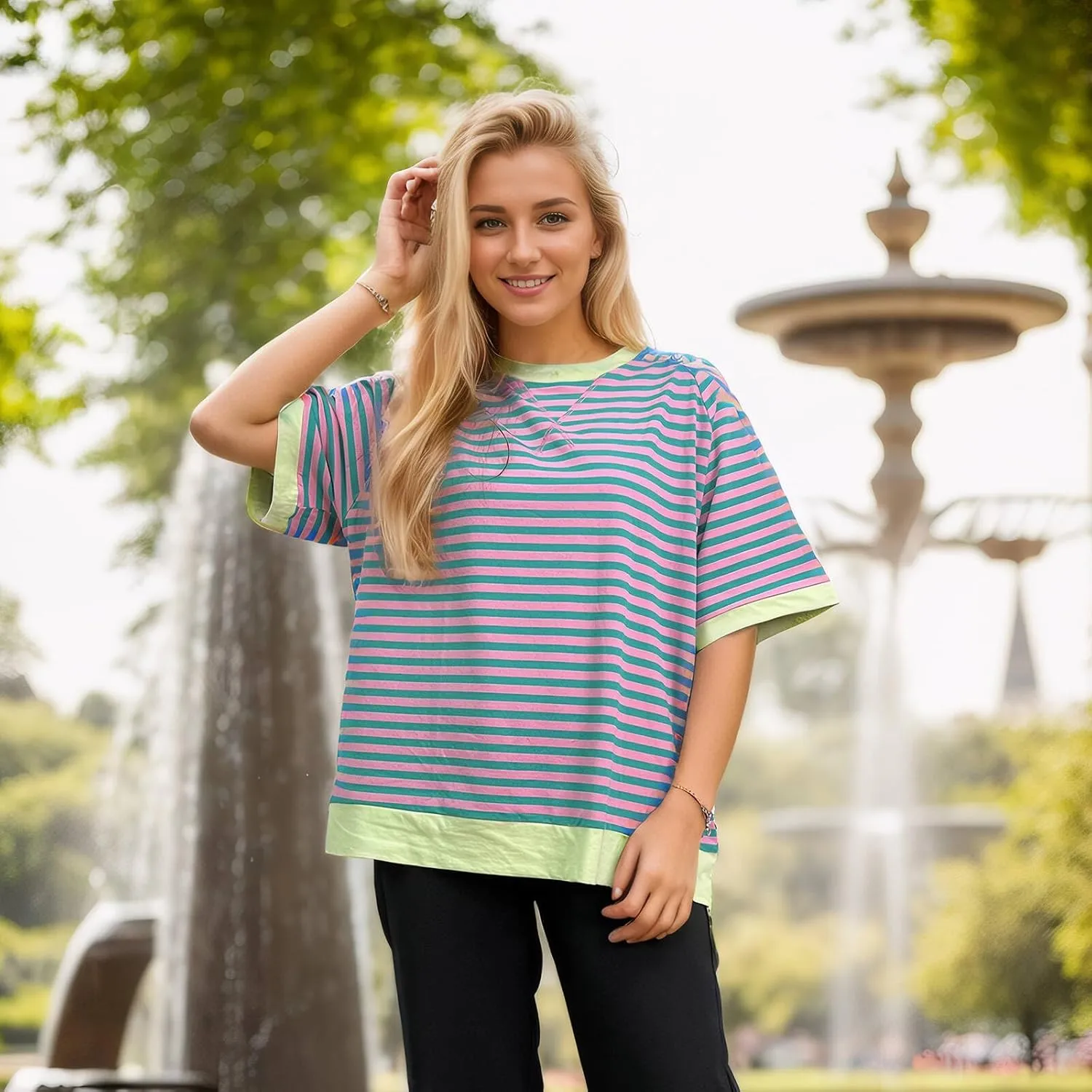 Oversized T-Shirts Striped Crewneck Short Sleeve Casual Tops Loose Blouses Tops for Women Trendy