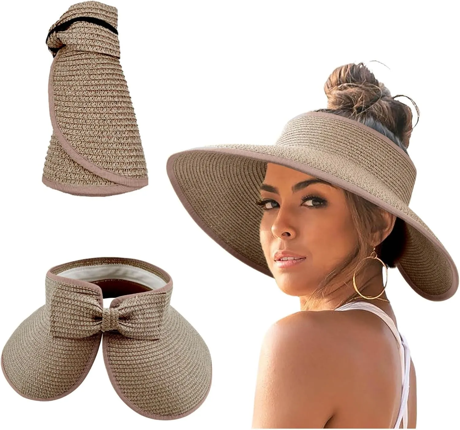 Packable Sun Hats for Women Travel Wide Brim Straw Hats Foldable Visors Summer Caps Beach Accessories Sun Protection