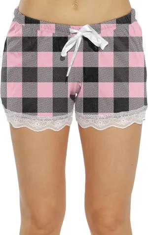 Pajama Shorts Women Trendy Plaid Summer Lace Sleep Pj Bottoms Workout Elastic Waist Drawstring Lounge Sleep Shorts