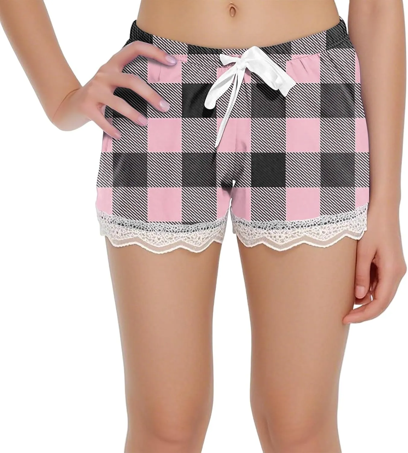 Pajama Shorts Women Trendy Plaid Summer Lace Sleep Pj Bottoms Workout Elastic Waist Drawstring Lounge Sleep Shorts