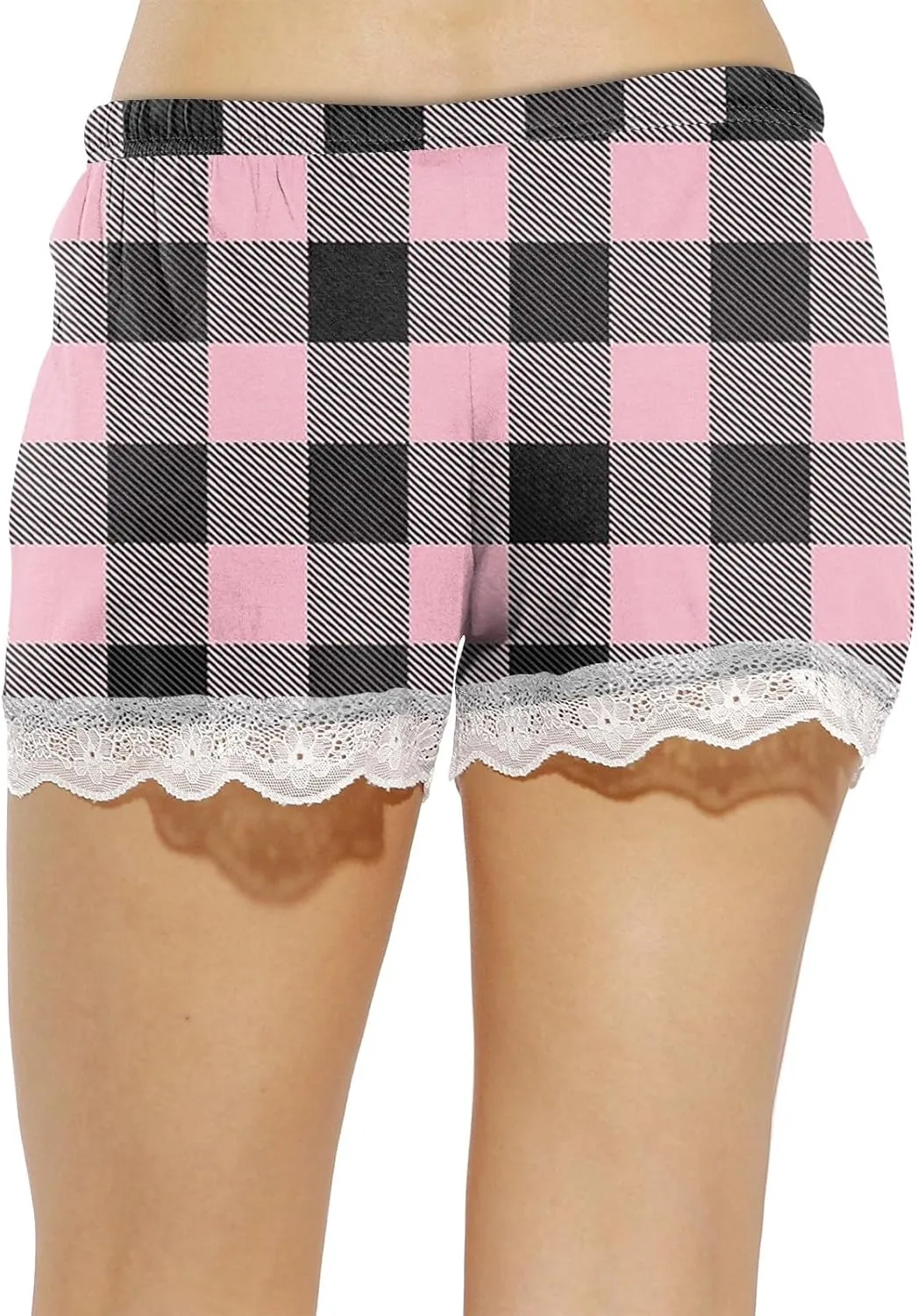 Pajama Shorts Women Trendy Plaid Summer Lace Sleep Pj Bottoms Workout Elastic Waist Drawstring Lounge Sleep Shorts
