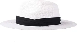 Panama Womens Mens Woven Hats Wide Brim Sunhat Summer Beach Floppy Foldable Fedora Hat UPF 50  with Black Band