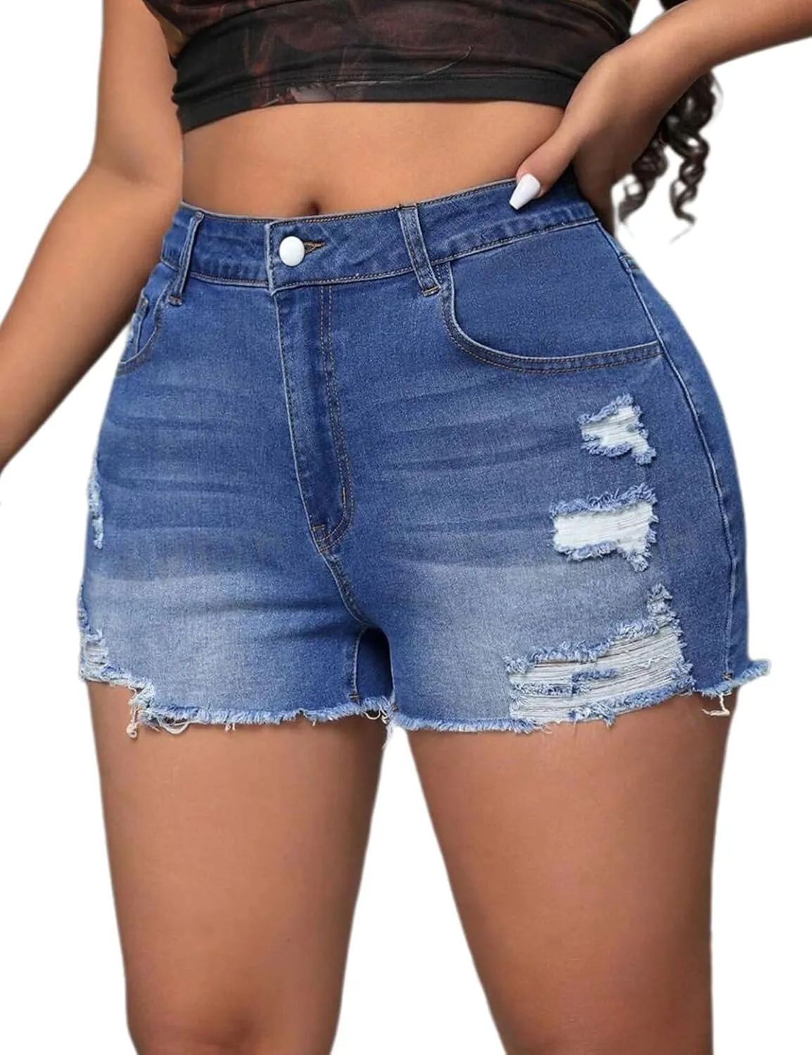 Plus Size Denim Shorts Women High Waisted Ripped Folded Hem Jean Shorts