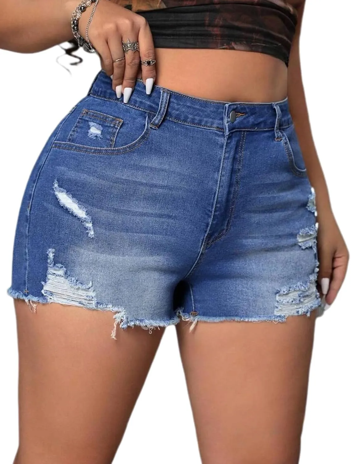 Plus Size Denim Shorts Women High Waisted Ripped Folded Hem Jean Shorts