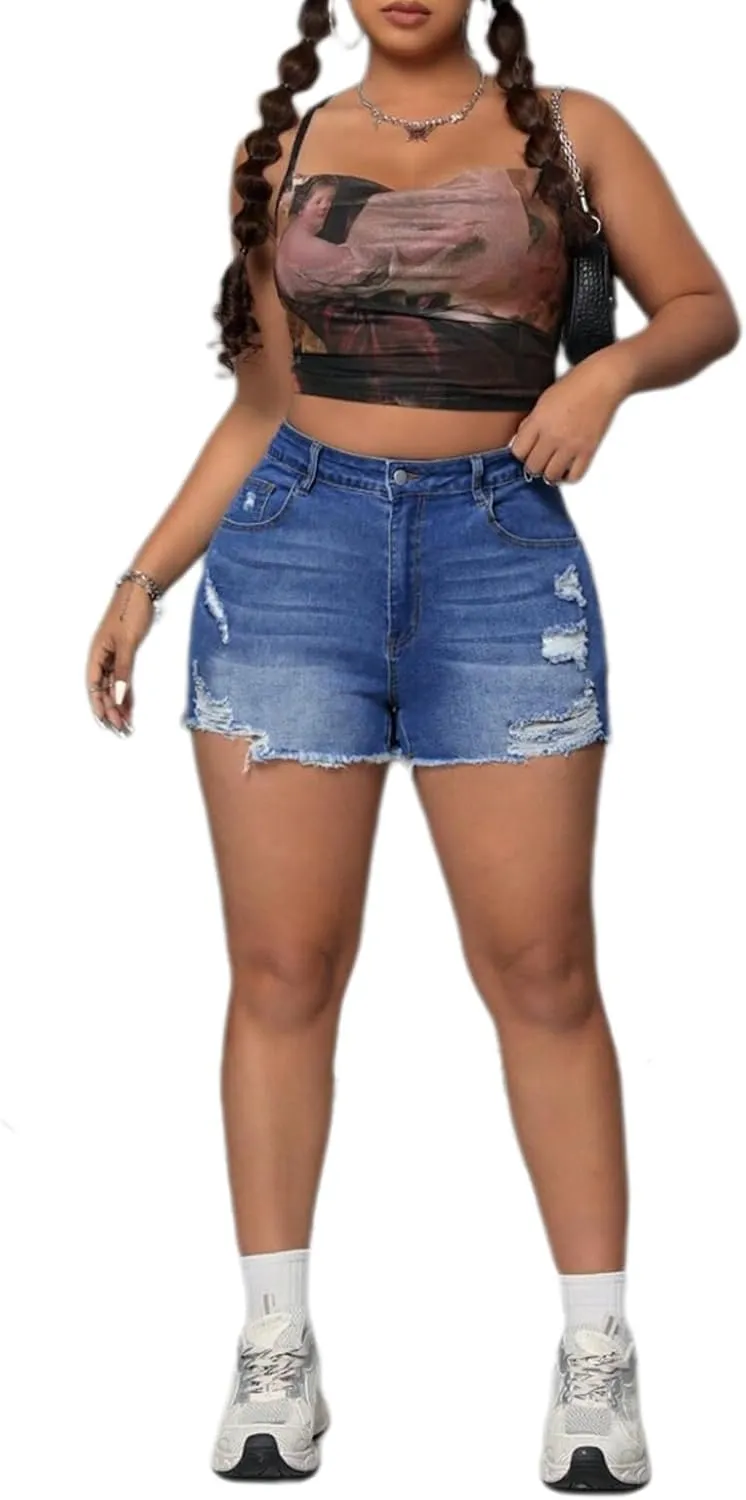 Plus Size Denim Shorts Women High Waisted Ripped Folded Hem Jean Shorts