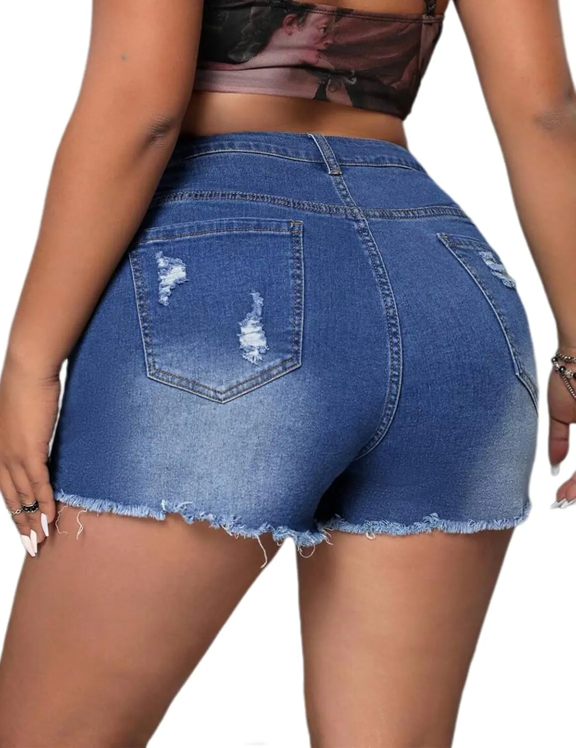 Plus Size Denim Shorts Women High Waisted Ripped Folded Hem Jean Shorts