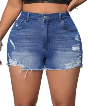 Plus Size Denim Shorts Women High Waisted Ripped Folded Hem Jean Shorts