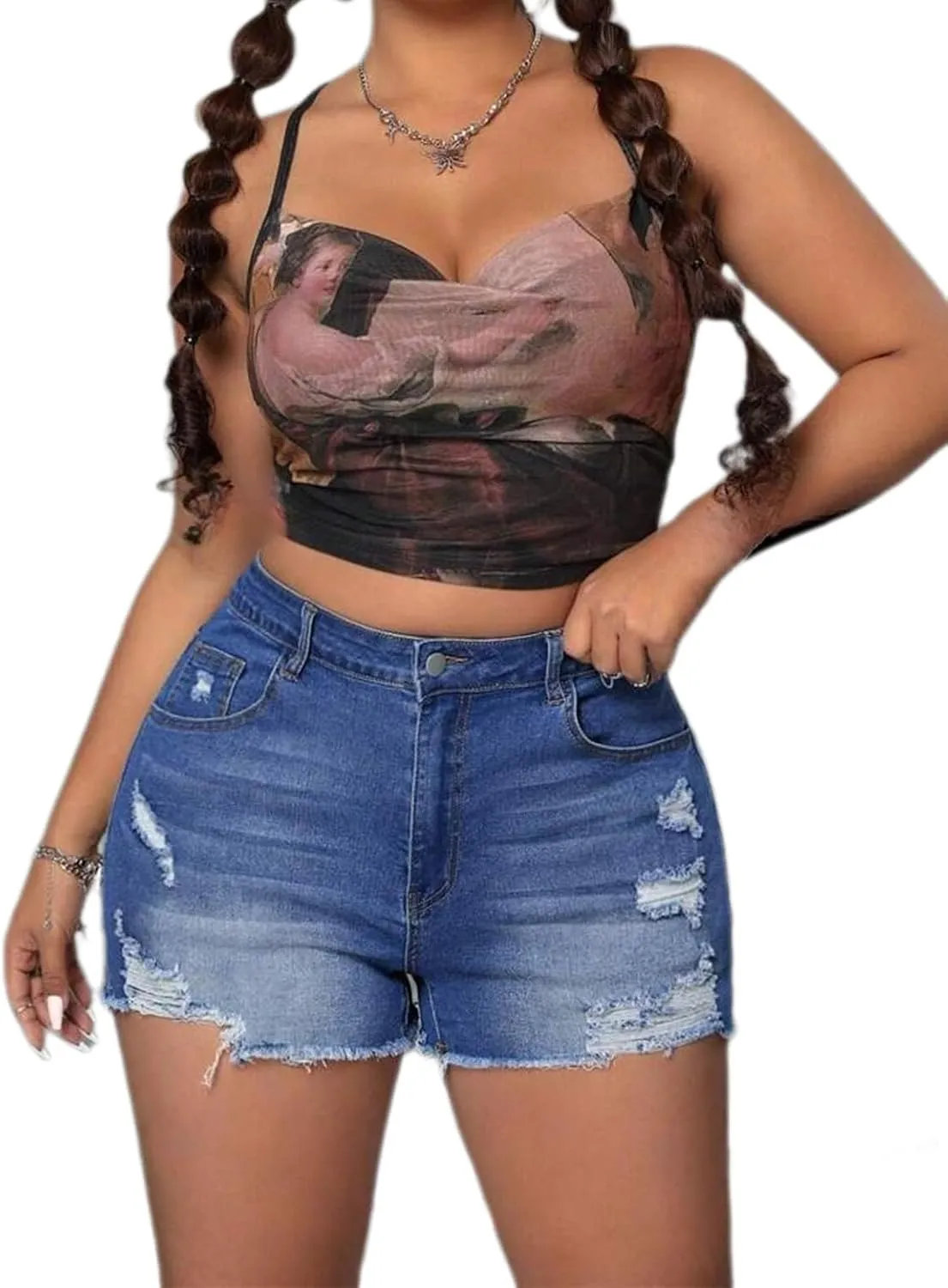 Plus Size Denim Shorts Women High Waisted Ripped Folded Hem Jean Shorts